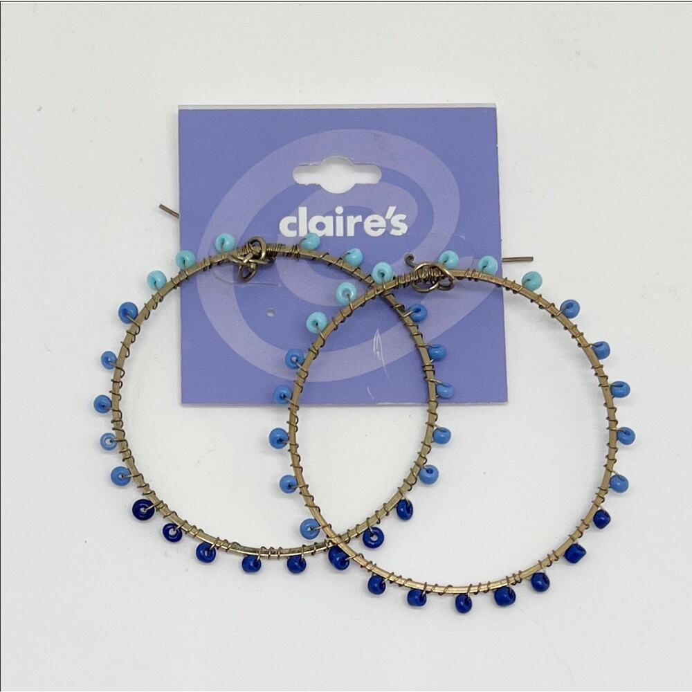 NWT Claire's Blue Ombre Beaded Gold Tone Hoop Earrings